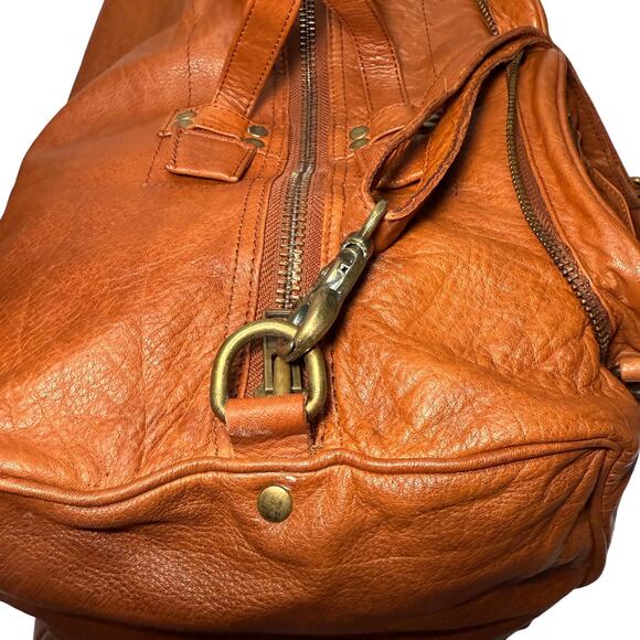 Free People Cognac Leather Duffle Bag Weekender Boho Rustic Travel Overnight - Picture 3 of 9